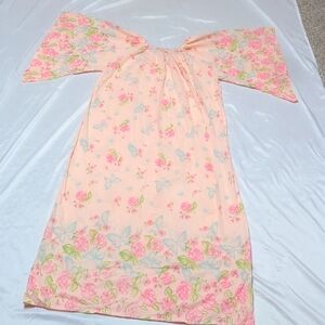Vintage Single Stitch Peach Flannel Butterfly and Flower Floor Length Nightgown